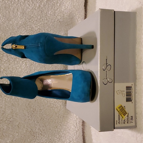 Jessica Simpson Ankle Cuff Suede Stiletto Heels ~ Peacock Blue - Picture 7 of 8